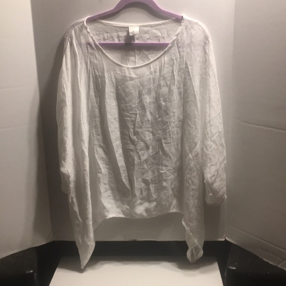 YUZAO 100 % LINEN TUNIC SHIRT SHARK BITE HEM SIZE L.